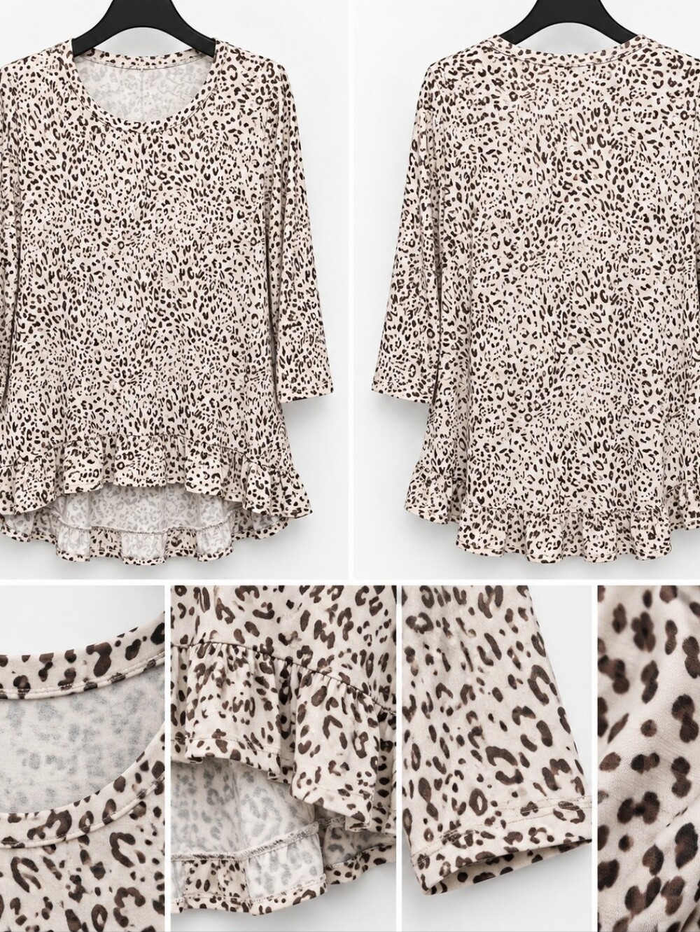 Women's Cream Leopard Print Ruffle Hem Top